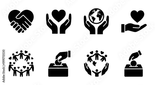 Charity and donation icon set, 8 black solid vector symbols for non-profit organizations, volunteer work and community support graphics