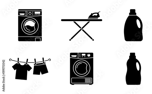Laundry service icon set, black silhouette washing machine and dryer vectors, ironing board and detergent bottle symbols for housekeeping apps
