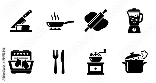 Black kitchen icon set, minimalist cooking equipment and culinary tools vector collection, 8 restaurant and home kitchenware symbols for menu design