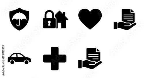Insurance icons set in black solid style, 7 vector symbols for health car and home protection, professional security and life coverage graphics