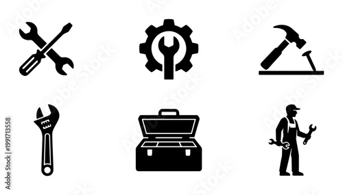 Industrial work tools icon set, black construction equipment vectors, repair service symbols with hammer and wrench, 6 professional handyman icons