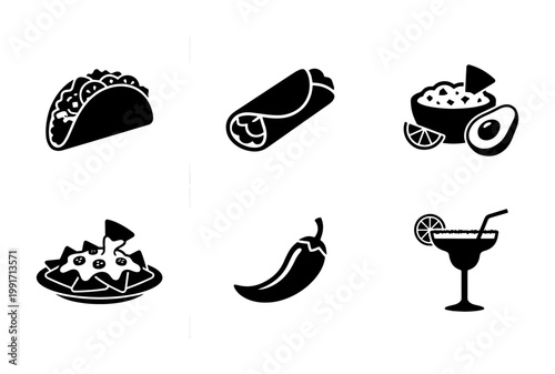 Mexican food icon set with taco and burrito, black solid vector graphics of nachos and guacamole, spicy chili pepper and margarita cocktail symbols