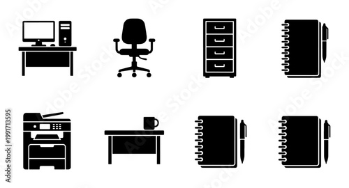 Minimalist office furniture and stationery icons, black silhouette workspace equipment set, professional business desk and supplies vector collection