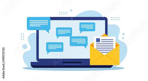 Flat lay illustration of a laptop with chat bubbles and an open envelope with a letter on a clean white background.