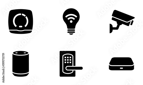 Smart home automation icon set, black solid vector symbols for internet of things, 6 modern home security and wireless technology elements