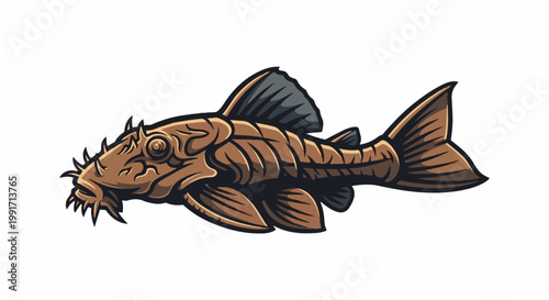 A brown, spiny fish with dark gray fins, depicted in a bold, illustrative style against a white background