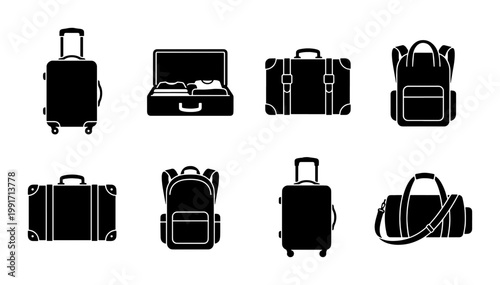 Travel luggage icon set, black silhouette suitcases and backpacks vector, 8 travel bag elements for tourism and vacation planning infographics