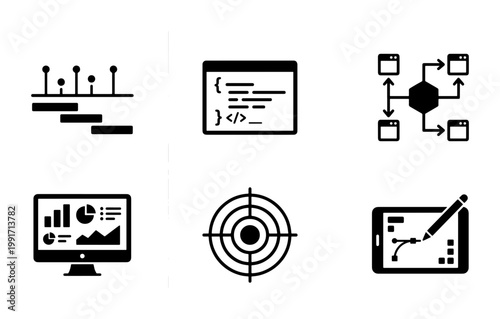 Software development and data analytics icon set, black solid vector symbols for web programming, digital marketing and project management workflow