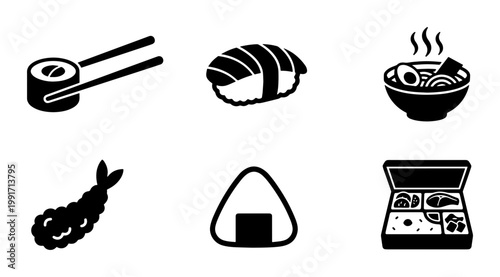 Japanese food icons set, black minimalist sushi and ramen vector illustrations, 6 solid glyph symbols for restaurant menus and delivery apps