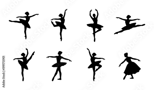 Ballerina silhouette vector set, elegant ballet dancer poses in black, 8 graceful female performers in tutu, classical dance theater icons