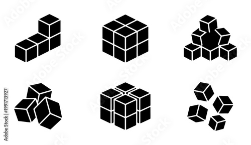 Isometric 3D cube icons set, black geometric square block symbols, minimalist solid vector cubes for logistics and construction branding