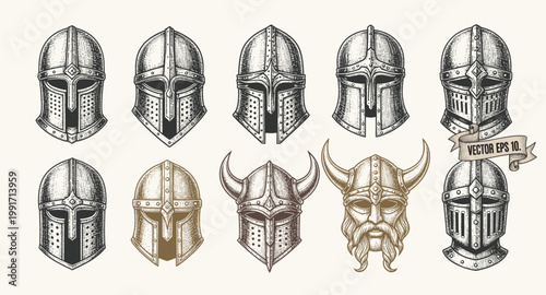 Medieval helmets collection featuring various knight helm designs and a bearded Viking style helm