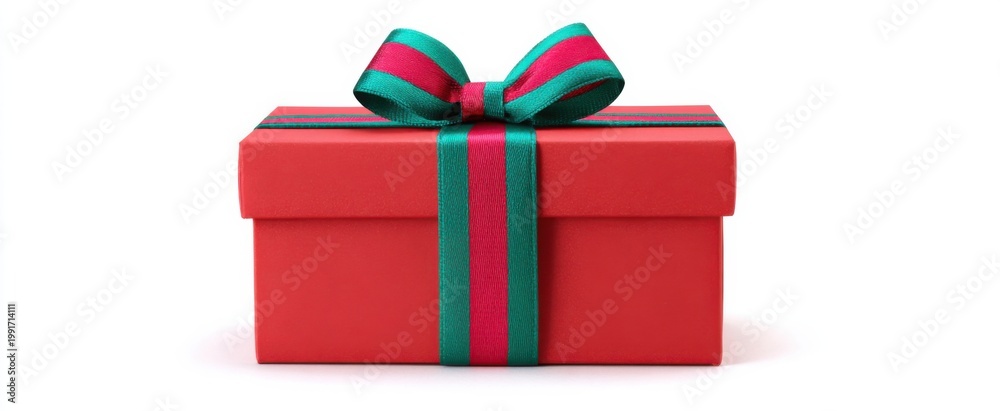 Obraz premium Vibrant red gift box adorned with cheerful ribbon isolated for promotional retail use on white background
