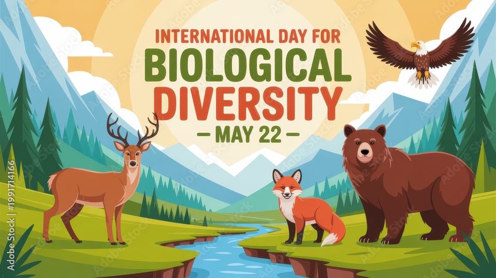 Naklejka premium International Day for Biological Diversity poster featuring a deer, fox, bear, and eagle in a scenic mountain landscape