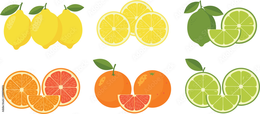 Obraz premium Assorted Citrus Fruits Including Lemons Limes Oranges and Grapefruits
