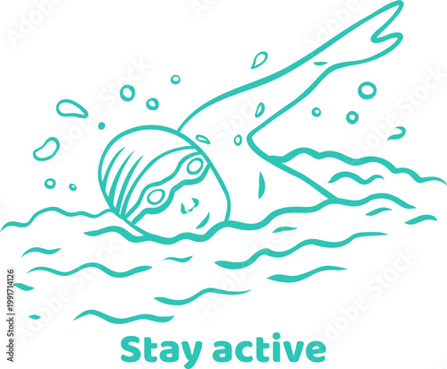 Swimmer doing freestyle stroke in water with goggles and cap, perfect for fitness poster, sport blog