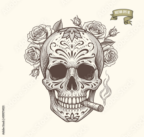 Sugar Skull with Roses and Cigarette
