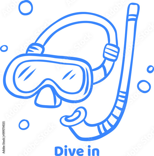 Snorkeling mask and tube set with bubbles in simple blue line style on clean background perfect for travel icons, summer graphics