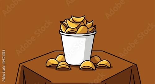 A bucket overflowing with potato chips sits on a table