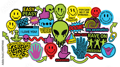 Retro acid rave stickers set with neon colors and y2k aesthetic art.