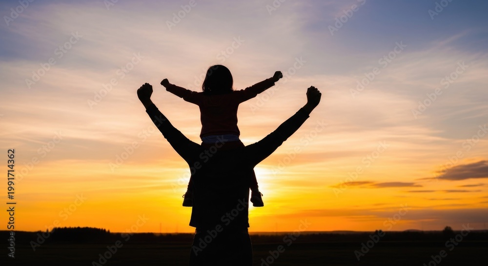 Fototapeta premium Celebrating father's day silhouette of father and child enjoying a sunset moment