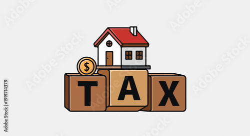 A cartoon house sits atop blocks spelling "TAX," with a coin nearby
