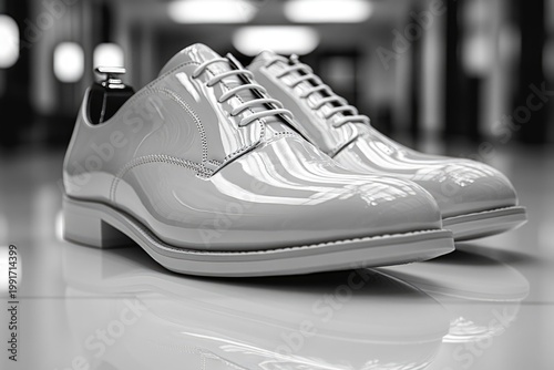 Watercolor style white dress shoes on clean white floor background