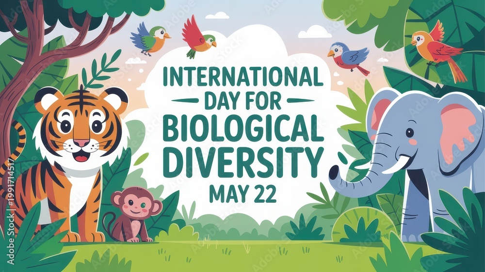 Naklejka premium International Day for Biological Diversity celebration banner with tiger, elephant, monkey, and birds in a lush jungle setting