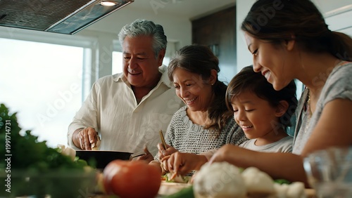 Multi-generational family happily cooking healthy food together in a bright, modern kitchen