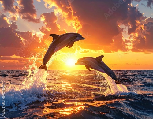 Two dolphins leaping from water at sunset (1)