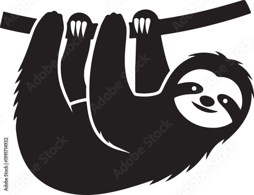 A playful sloth hanging upside down from a tree branch with its baby silhouette vector icon