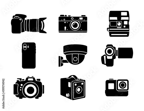 Vintage and modern camera icons set, black silhouette photography equipment collection, 9 vector symbols of digital slr and retro film cameras