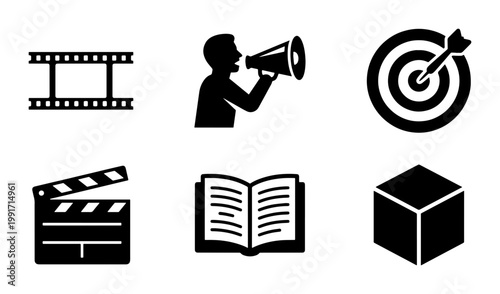Minimalist black icon set, 6 flat vector symbols for media and business, film strip and clapperboard icons, megaphone and target graphics