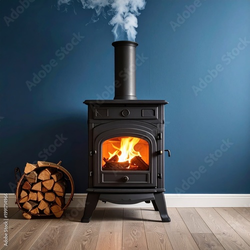A black, ornate wood-burning stove with a lit fire
