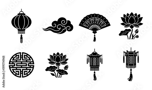Traditional Chinese cultural icons set, black silhouette oriental lanterns and lotus flowers, 8 decorative asian vector elements for lunar new year