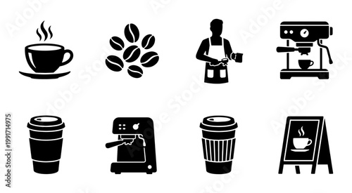 Coffee shop icon set with 8 black vector elements, barista silhouette and espresso machine symbols, cafe branding and menu design graphics