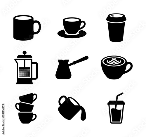 Minimalist coffee icon set, black silhouette cafe symbols including espresso cup and french press, 9 vector elements for restaurant menu design