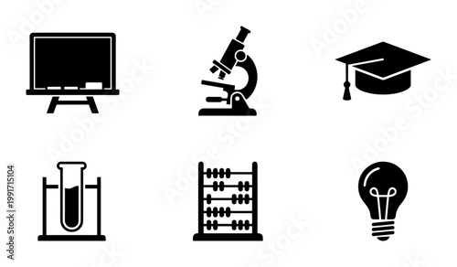 Education and science icon set, black solid school symbols including microscope and graduation cap, 6 academic vector elements for learning