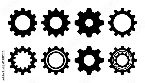 Industrial gear icons set, black mechanical cogwheel silhouettes, 8 vector gear wheels for engineering and technology concepts, minimalist machinery hardware elements