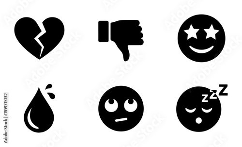 Minimalist black emoji icon set, 6 solid vector symbols for social media, broken heart and thumbs down interface elements, sleeping and star eye faces