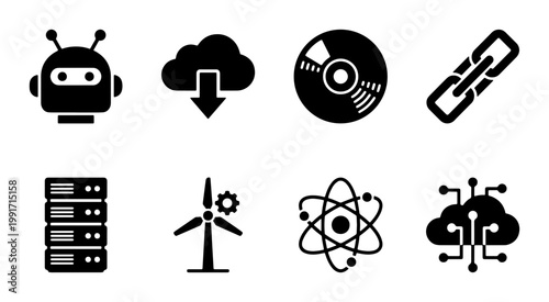 Modern technology icon set, black solid vector symbols for cloud computing and artificial intelligence, 8 digital data and energy icons for web design