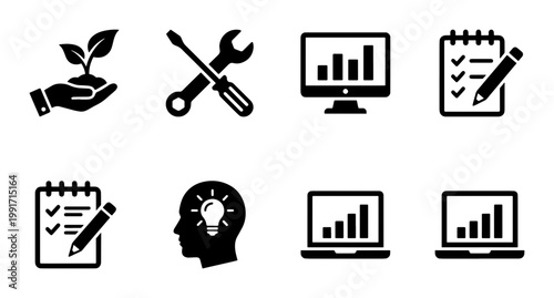 Business and productivity icon set, 8 black vector symbols for management and growth, professional data analytics and planning icons for web design