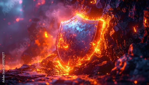 Glowing shield amidst fiery, rocky terrain