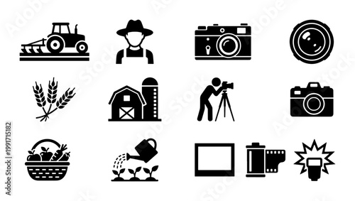Agriculture and photography icon set, 12 black vector symbols of farming and camera equipment, minimalist silhouette icons for web design