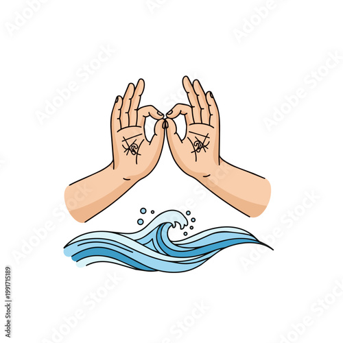 Graphic illustration of hands performing a sacred mudra gesture above ocean waves on white background