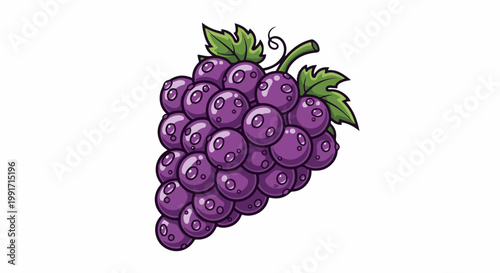 A cluster of plump, purple grapes with glistening dew drops and vibrant green leaves