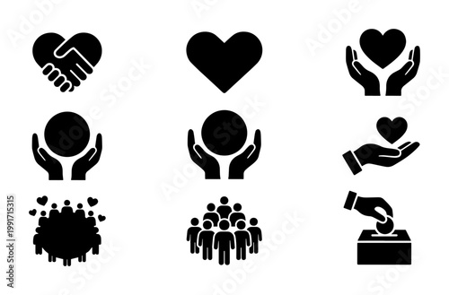 Charity and donation icon set, black silhouette volunteer symbols, 9 vector elements for non-profit organizations and community support projects