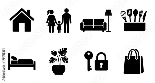Minimalist home and lifestyle icon set, 8 black solid vector symbols for real estate and household, family and interior design flat silhouettes