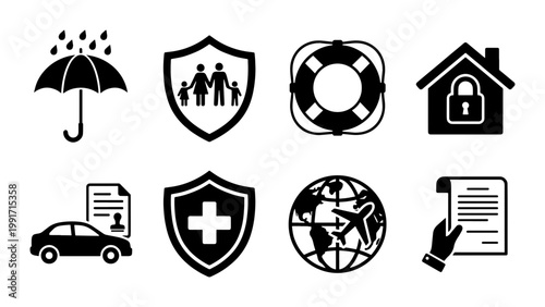 Insurance icon set with 8 black vector symbols, family protection and health coverage icons, travel and car insurance graphics for business