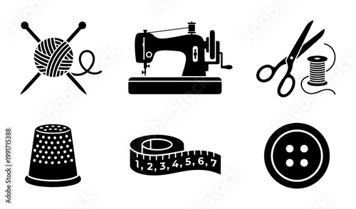 Vintage sewing and knitting icons set, black silhouette tailoring equipment, 6 vector craft elements for handmade hobby and fashion design